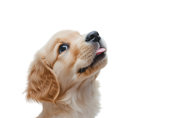 Adorable golden retriever puppy looking up with a playful expression.