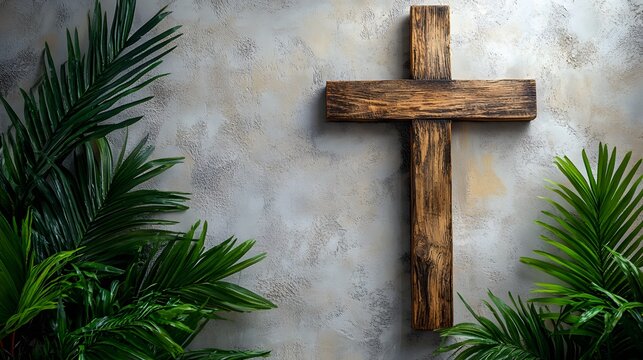 Wooden Cross & Palm Leaf on White Concrete Wall - Easter Holy Week Religious Background with Copy Space for Festive Decorations, Church Campaigns