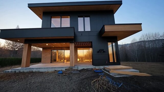 Exterior shot of a modern two-story home with dark gray cladding and light wood accents, featuring large windows reflecting a warm interior glow. Surrounded by a yard under construction, captured