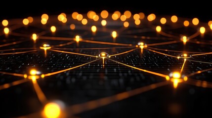 Network of interconnected glowing orbs, illuminating a dark grid