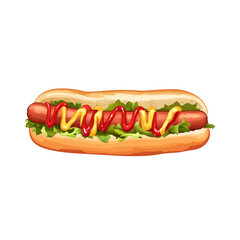 Delicious hot dog with mustard and ketchup, served in soft bun with fresh lettuce, perfect for summer barbecue or picnic. Enjoy this classic comfort food