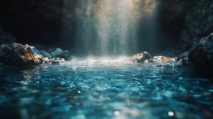 Still waters reflect light in a rocky grotto, creating a serene landscape.