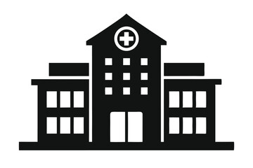 Silhouette of a hospital building displays a prominent cross symbol and symmetrical window designs