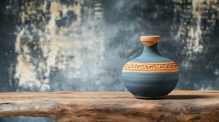 Dark gray pottery vase on a rustic wooden surface