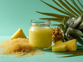 Sea moss gel displayed in a jar alongside fresh pineapple chunks and seaweed on a colorful backdrop