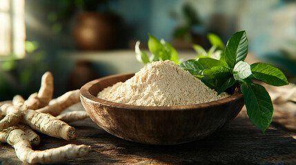 Fototapeta premium Organic ashwagandha powder in a wooden bowl with fresh roots and green leaves on a rustic wooden background