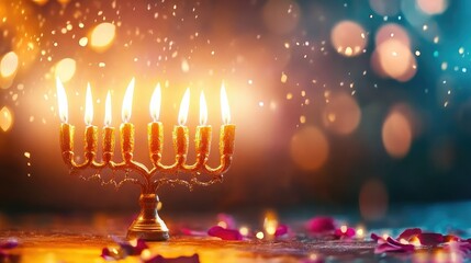 Fototapeta premium Flame-lit menorah on dark background, light symbolizing freedom, remembrance, and tradition