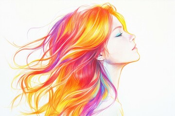 Artistic Profile of a Woman with Vibrant Rainbow Hair Flowing in the Wind Beauty Illustration