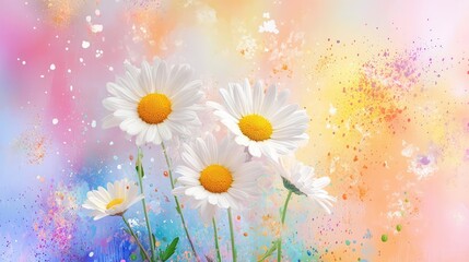 Obraz premium Focused white daisies pop against a fun, painterly backdrop in vivid colors and soft textures