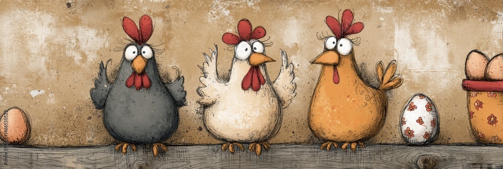 Poster Whimsical Cartoon Hens With Colorful Eggs Celebrate Farm Life Against a Rustic Background in a Playful Agricultural Setting Generative AI