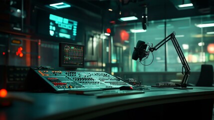 Fototapeta premium Audio Broadcasting Console and Studio Microphone Capturing Sound in Modern Radio Station