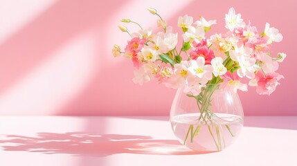 Light floral bouquet in transparent vase, soft shadows on a matching pink surface