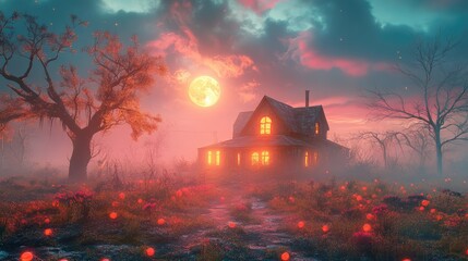 Moonlight breaks through fog, casting eerie shadows around a glowing-windowed house in isolation