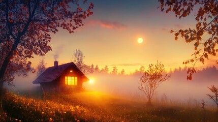 Mysterious cottage bathed in mist and moonlight, a warm glow inside contrasts the cold fog