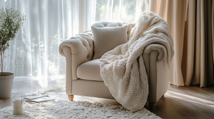 Cozy interior in neutral tones with plush armchair