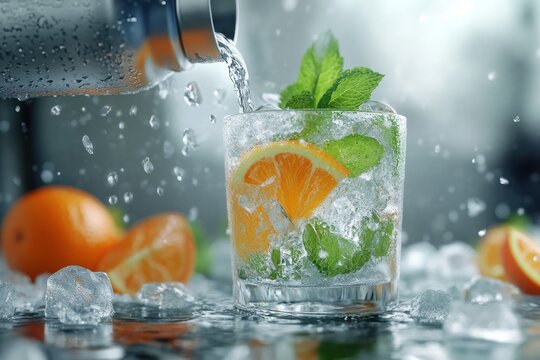Pouring water into glass with orange slice mint and ice cubes on reflective surface with oranges nearby - Powered by Adobe