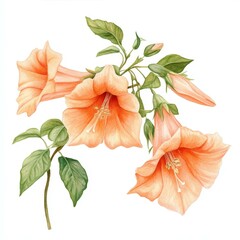 Delicate Watercolor Painting of Peach Coloured Angel Trumpet Flowers and Buds on Stemmed Leaves