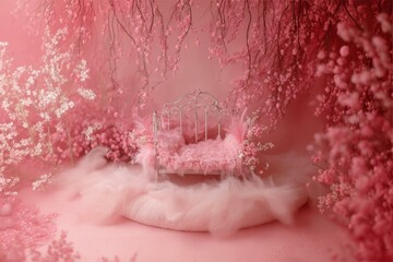 Dreamy Infant Photo Shoot Setting with Pink Blossoms and Iron Crib Delicate Newborn Scene