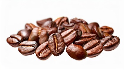Obraz premium close-up of roasted coffee beans with glossy texture on white background for food branding, packaging, poster, or web product design