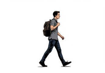 Naklejka premium A man walking with a backpack isolated on white background