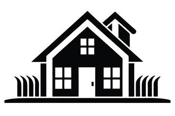 Monochrome home shows symmetrical design with a gable roof and lawn illustration