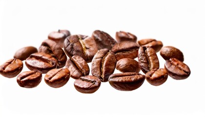 Obraz premium close-up of roasted coffee beans with glossy texture on white background for food branding, packaging, poster, or web product design