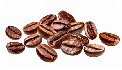 Obraz premium close-up of roasted coffee beans with glossy texture on white background for food branding, packaging, poster, or web product design