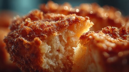 Golden Delight: Close-up shot of freshly fried donut with crisp edges, revealing a soft, airy interior, ready to be devoured