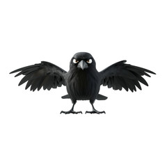 cartoon raven with outstretched wings, showcasing fierce expression. character is entirely black, emphasizing its bold and striking appearance. This animated bird symbolizes mystery