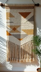 Geometric boho wall hanging with fringe in sunlight