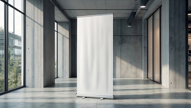 Blank roll up banner in modern office space