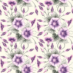 Seamless pattern watercolor Ipomoea morning glory flowers leaves border vertical hand drawn illustration. Hand painted floral elements. Botanical natural objects beige background. Fabric, wrap, print