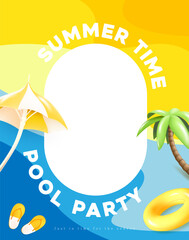 Fun summer poster with palm tree, umbrella, float, and sandals on yellow and blue background. Ideal for pool party invitations, event ads, and seasonal promotions.