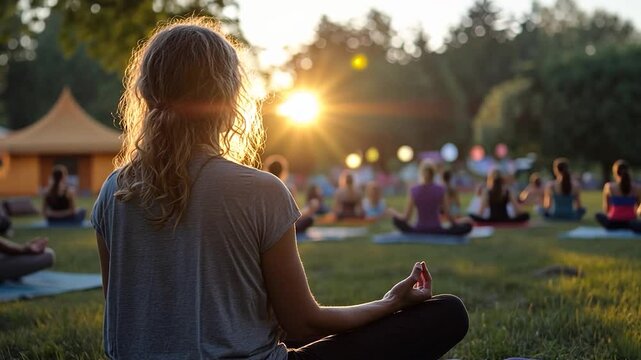 A woman wearing a gray t-shirt doing yoga on the grass with sunset background, and many people sitting behind. Outdoor yoga practice in the evening with sunbursts