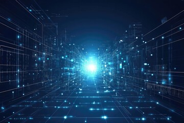 Digital city, futuristic urban landscape with glowing data streams