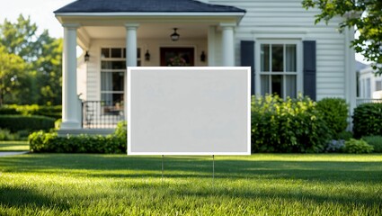 Blank yard sign in green grass by white house