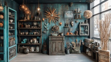 Obraz premium Rustic pottery shop with teal walls