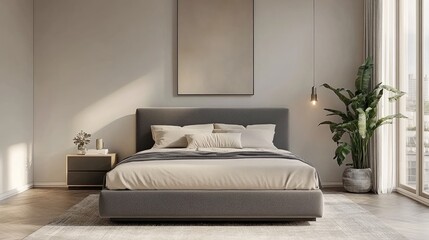 Bed with charcoal grey headboard framed by neutral wall art