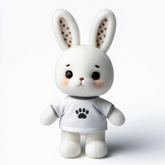 Cute white bunny plush toy wearing a white t-shirt with a black paw print standing on a white background.