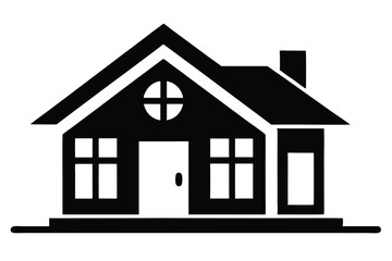 A symmetrical black silhouette depicts a house with a chimney and porch