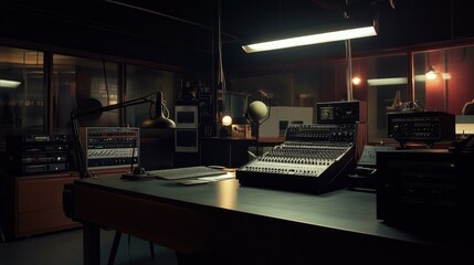 Mixing Console in a Radio Broadcasting Sound Studio with Equipment and Professional Microphone Setup