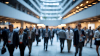 Blurred crowd at business conference exhibition center