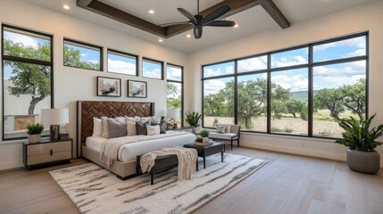 Contemporary space with framed leather headboard and recessed lighting