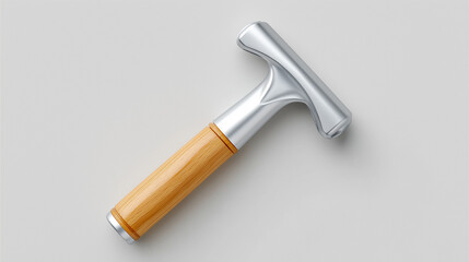 Minimal Composition of a Folded Razor Facing Up on Pure Background with Wood and Metal Elements