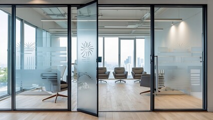 Bright contemporary office with frosted glass door