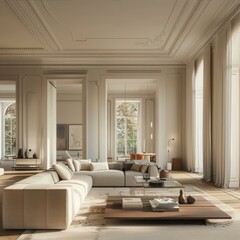 Serene Interior Design with Beige Sectional Sofa and Modern Coffee Table in Minimalist Aesthetic