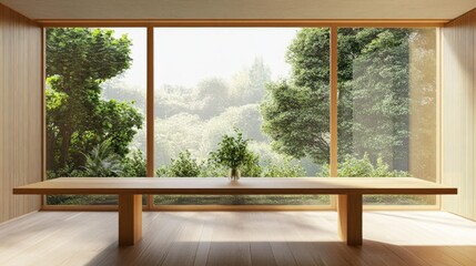 Light natural oak table placed in front of a large window with greenery outside