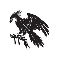 Harpy Eagle Vector Silhouette, Majestic Bird of Prey, Detailed Avian Design, Powerful Eagle Outline, Nature-Inspired Wildlife Art Illustration.
