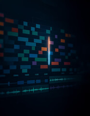Stylized digital video editing timeline interface with colorful audio and clip segments, illuminated playhead, and time markers in cinematic lighting.