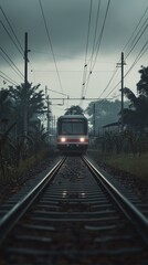 Fototapeta premium Train Journey on Railroad Tracks in Misty Atmospheric Setting Dark Low Light Conditions